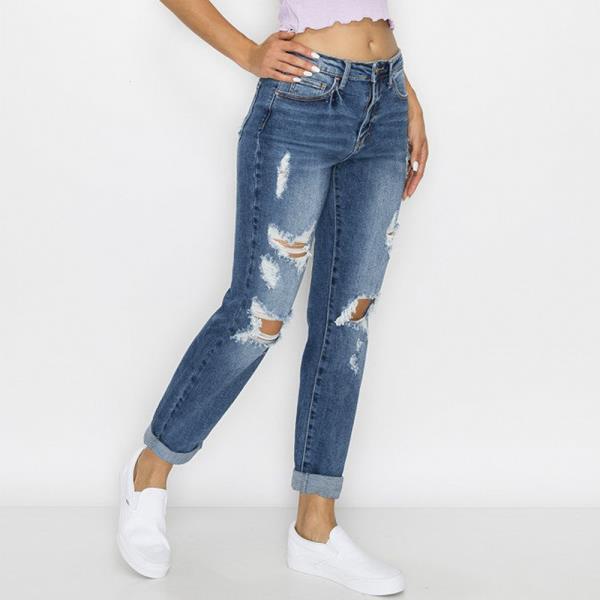 ($12.60 x 15PCS) DESTRUCTED BLOWN KNEE ROLLED CUFF BOYFRIEND JEAN