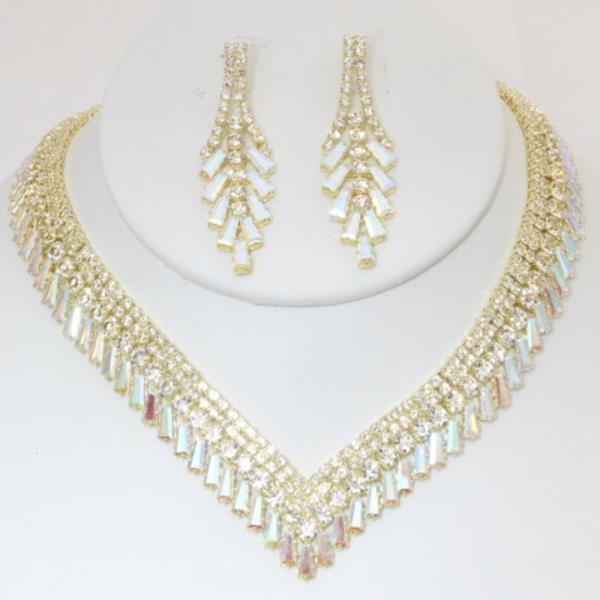 Rhinestone V Necklace Earring Set