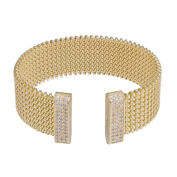 Gold Plated Flex Mesh with CZ Cuff Bangle Bracelet