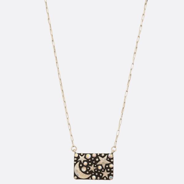 Moon Star Rectangle Pendant Link Metal Necklace
