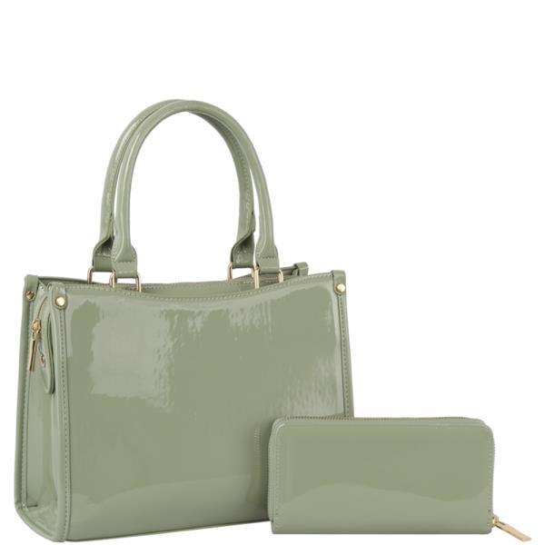 2IN1 Plain Glossy Handle Satchel W Wallet Set