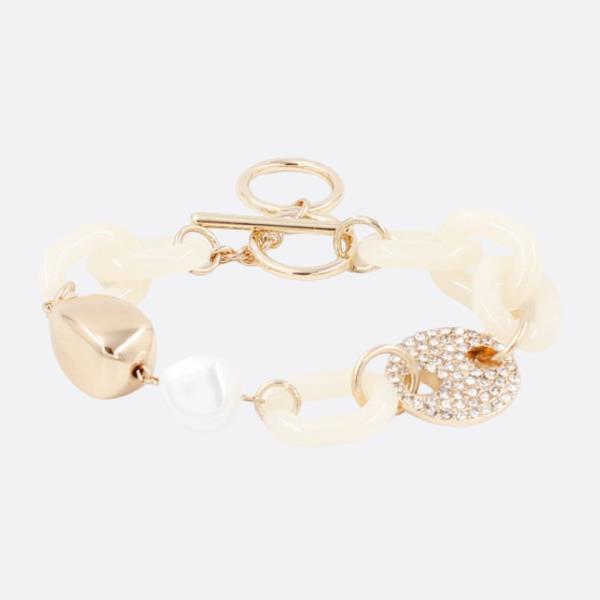 Rhinestone Disc Pearl Bead Toggle Clasp Bracelet