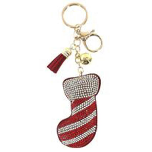 RHINESTONE CHRISTMAS SOCKS KEYCHAIN WITH TASSEL