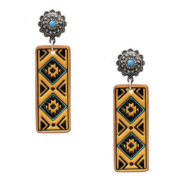 Western Flower Aztec Faux Leather Dangle Earring