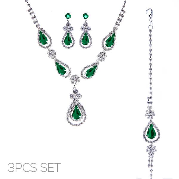 Rhinestone Teardrop Flower Necklace 3PCS Set