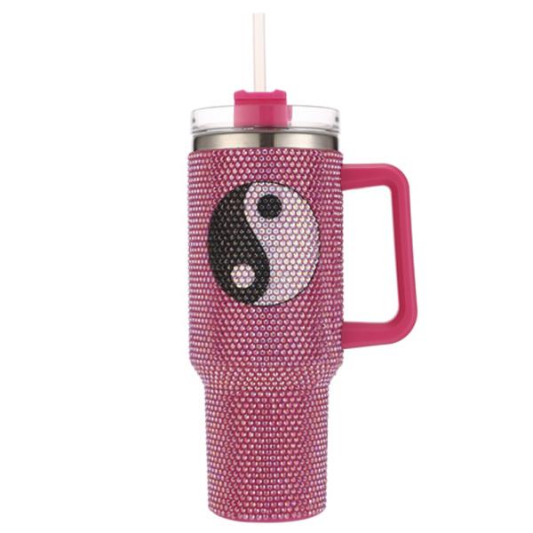 Pink Yin Yang Rhinestone 40oz Tumbler With Handle