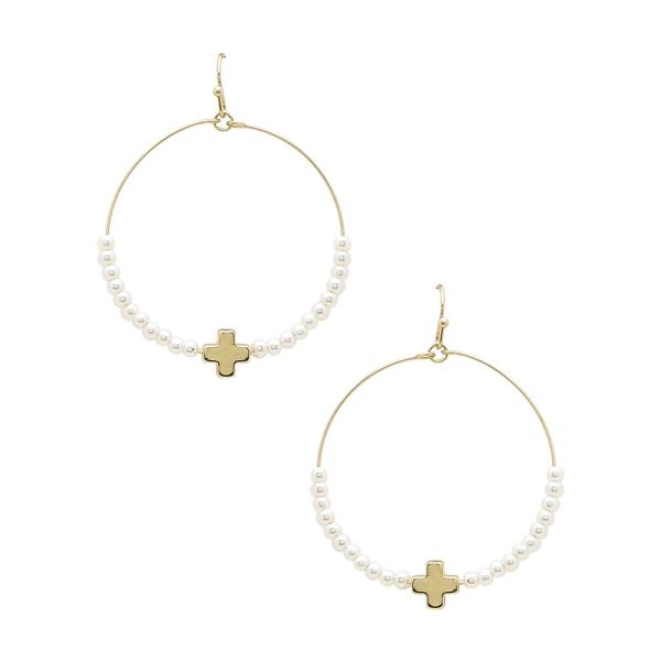 Cross Charm Pearl Bead Hoop Dangle Earring