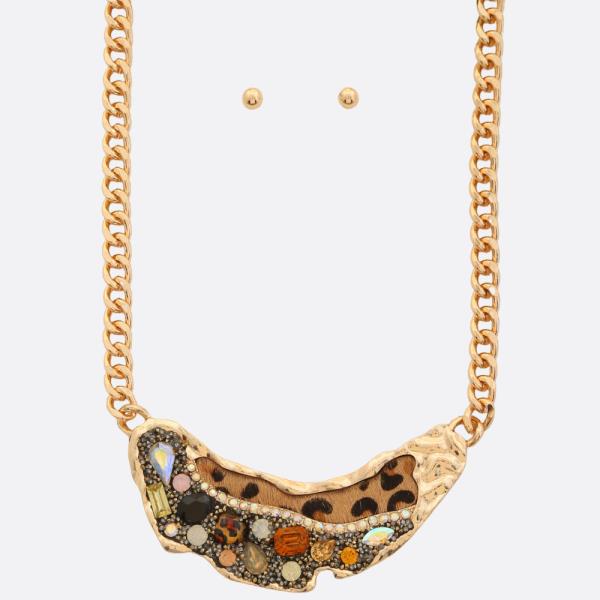 Animal Print Faux Fur Rhinestone Metal Necklace