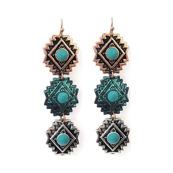METAL STONE WESTERN GEOMETRIC CONCHO DROP EARRING