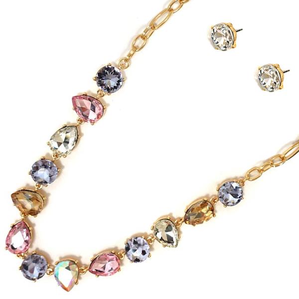Crystal Stone Teardrop Link Necklace Earring Set
