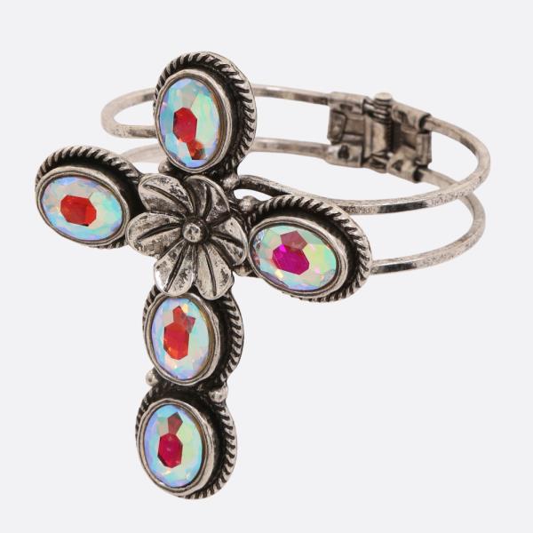 Western Style Cross Rhinestone Cuff Metal Bracelet