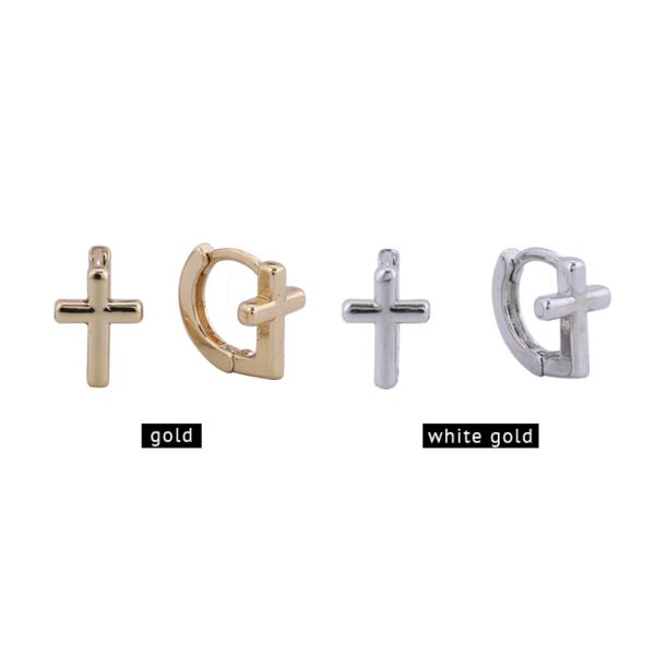14K Gold White Gold Dipped Cross Huggie Earring
