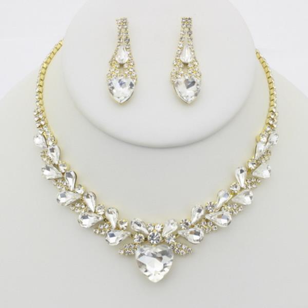 Heart Teardrop Rhinestone Necklace Earring Set