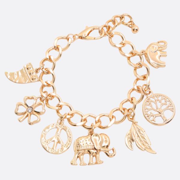 Elephant Clover Multi Charm Link Metal Bracelet