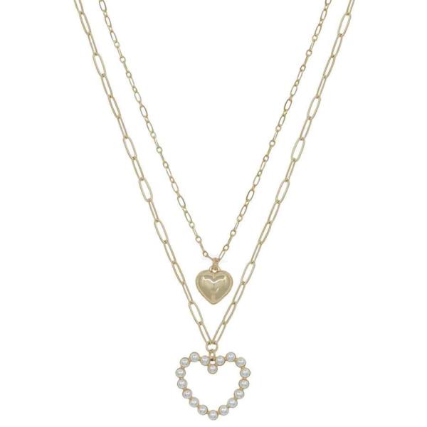 Double Layered Metal Pearl Hearts Necklace