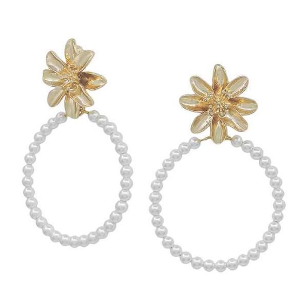 Flower Metal Post Round Pearl Drop Earring
