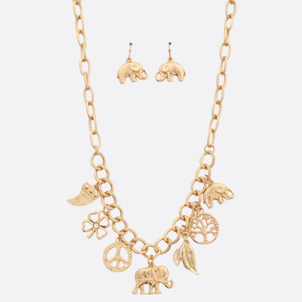 Elephant Multi Charm Metal Necklace