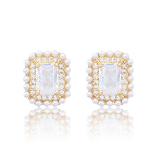 Rectangle CZ with Bead Pearl Stud Earring
