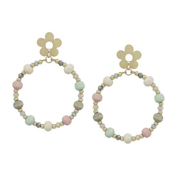 Flower Metal Post Round Color Wood Drop Earring
