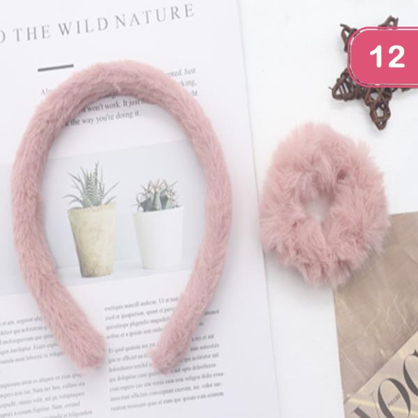 Faux Fur Headband Hair Tie Set (12 Units)