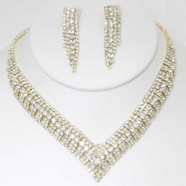 V Rhinestone Necklace Earring Set