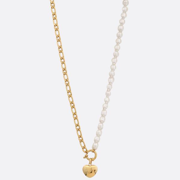 Heart Charm Pearl Bead Metal Link Necklace