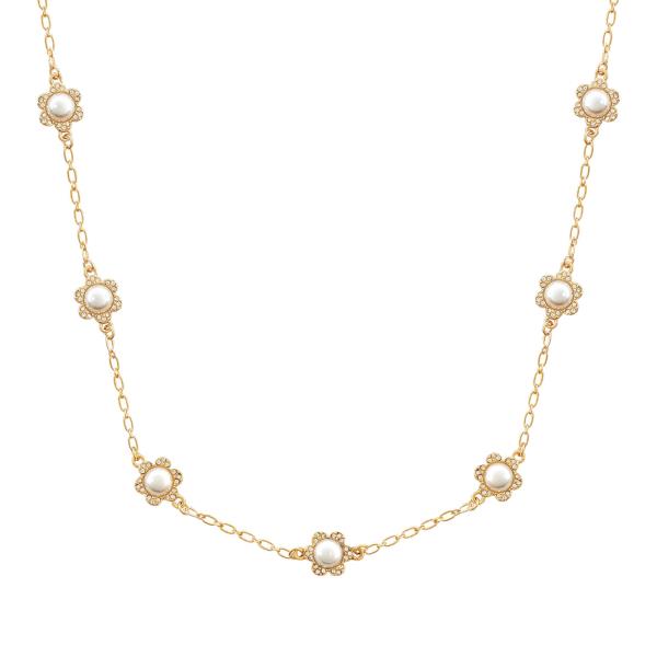 Flower Pearl Bead Station Necklace