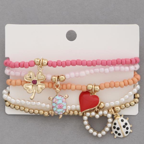 Heart Multi Charm Beaded Bracelet Set