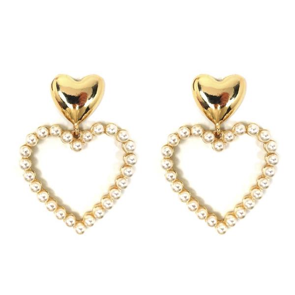 Metal Heart W Pearl Drop Post Earring