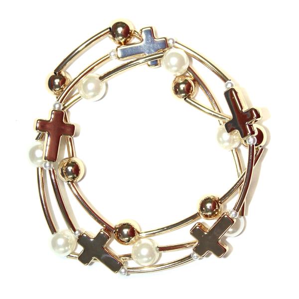 Metal Pearl Cross Stretch Bracelet Set