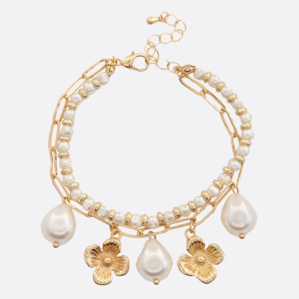 Flower Charm Pearl Bead Beaded Layered Bracelet