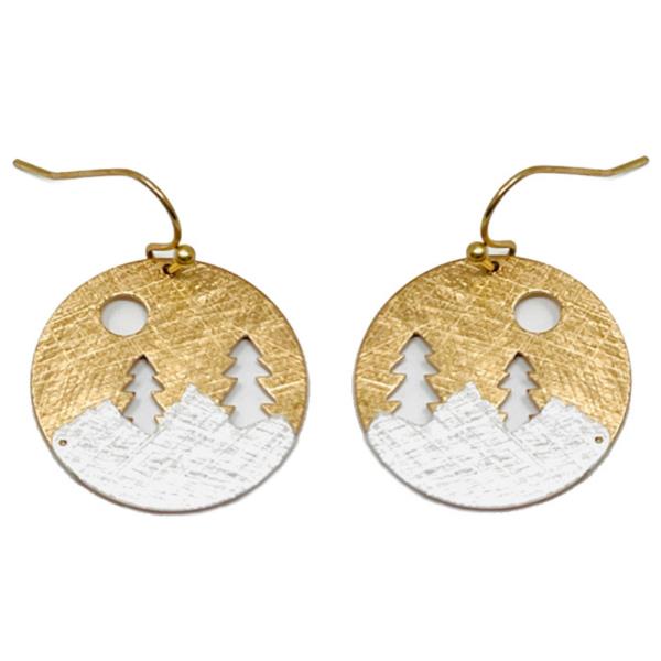 TWO TONE BRASS PINE TREE MOUNTAIN MOON CIRCLE DANGLE EARRING BRASS
