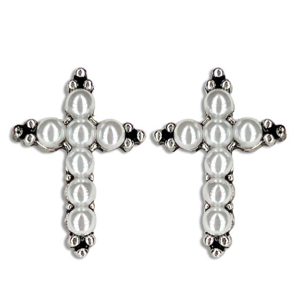 Metal Cross Pearl Post Earring