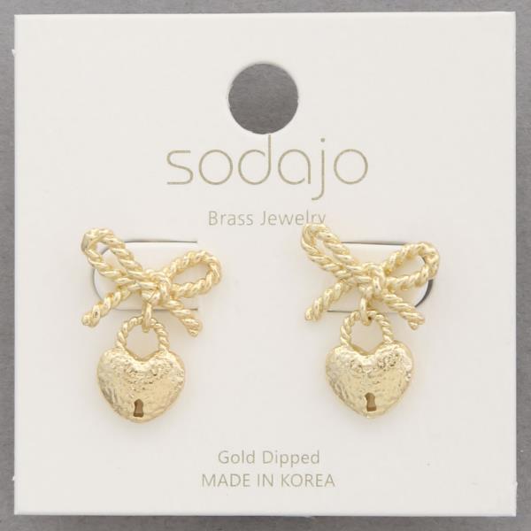 SODAJO Ribbon Bow Heart Lock Gold Dipped Earring