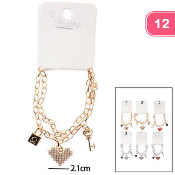 Metal Heart Multi Charm Bracelet (12 Units)