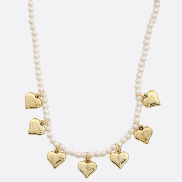 SDJ Heart Pearl Bead Station Necklace