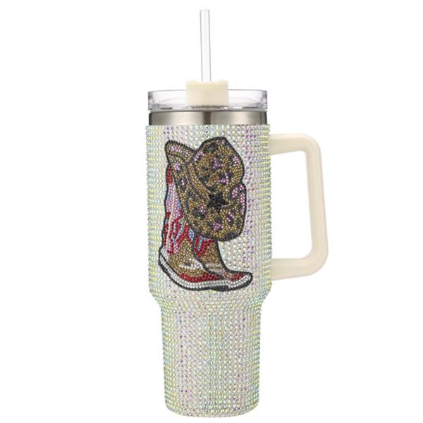 Western Boots Rhinestone Tumbler with Handle Straw
