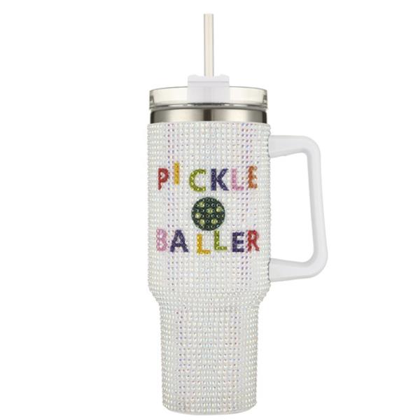 Pickle Baller Rhinestone Tumbler with Handle Straw