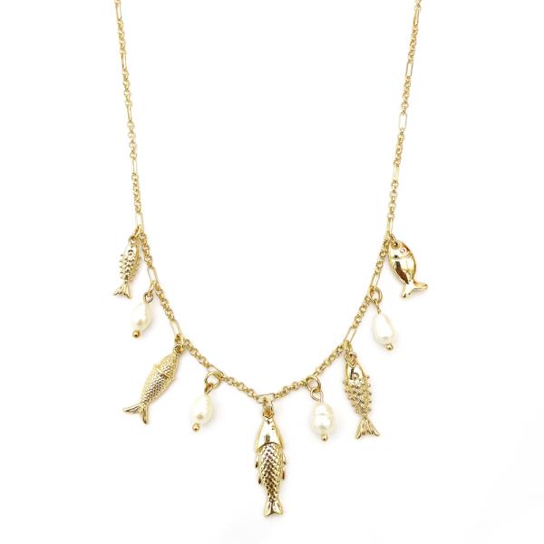 Short Chain Metal Fish Charms and Pearl Necklace