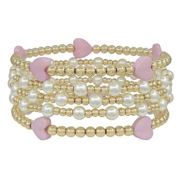 Color Coated Hearts CCB And Pearl Bracelet 5 Set