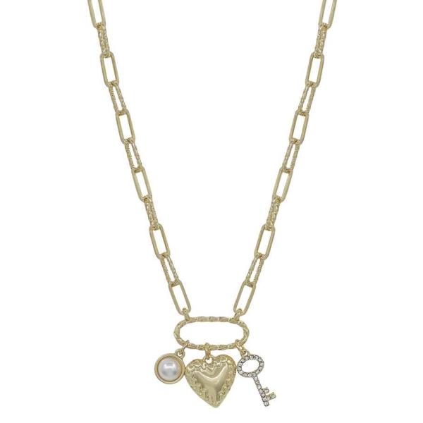 HEART, PAVE KEY, PEARL WITH OVAL METAL MULTI CHARMS SHORT NECKLACE