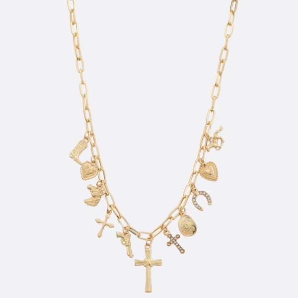 SDJ Cross Multi Charm Oval Link Metal Necklace