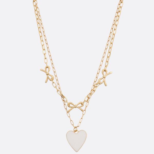 SDJ Heart Pendant Bow Station Metal Necklace