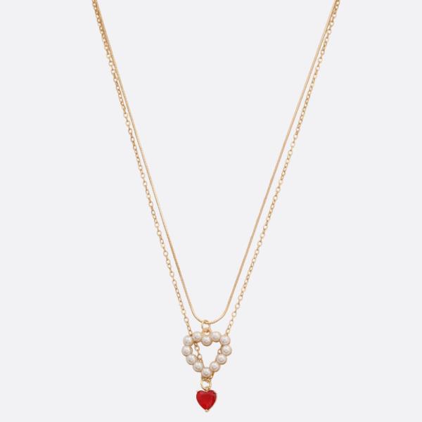 SDJ Heart Pearl Rhinestone Layered Necklace