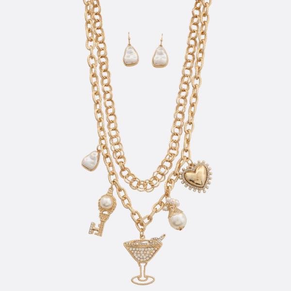 Martini Glass Heart Charm Pearl Bead Necklace