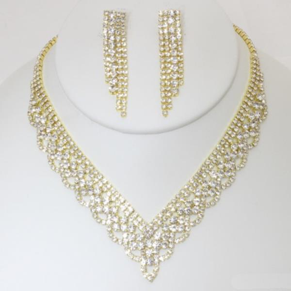 Rhinestone V Necklace Earring Set