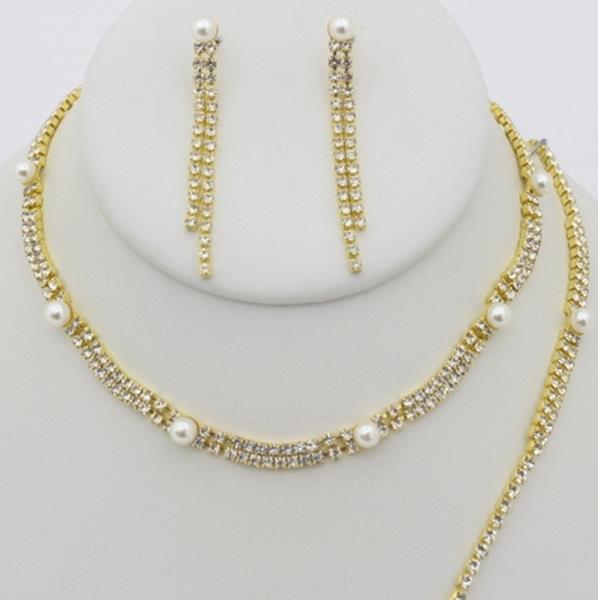 Rhinestone Pearl Necklace Earring Bracelet Set