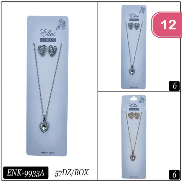 Rhinestone Heart Pendant Necklace Set (12 Units)