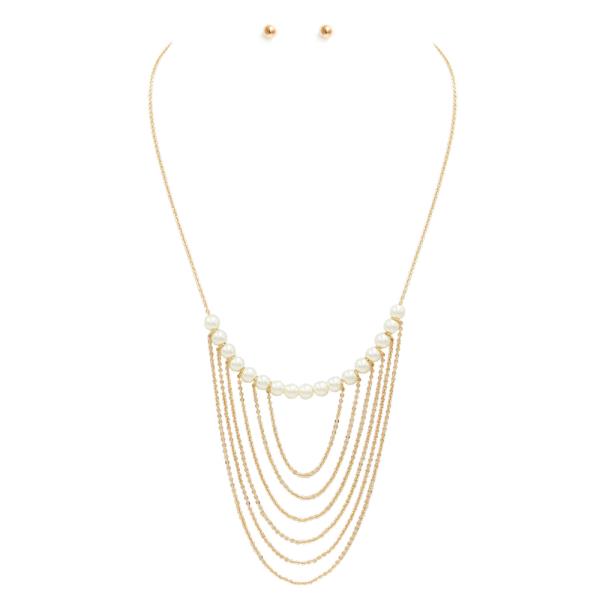 Pearl Bead Layered Metal Necklace