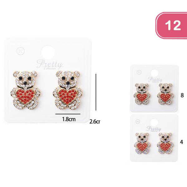 Rhinestone Heart Bear Earring (12 Units)